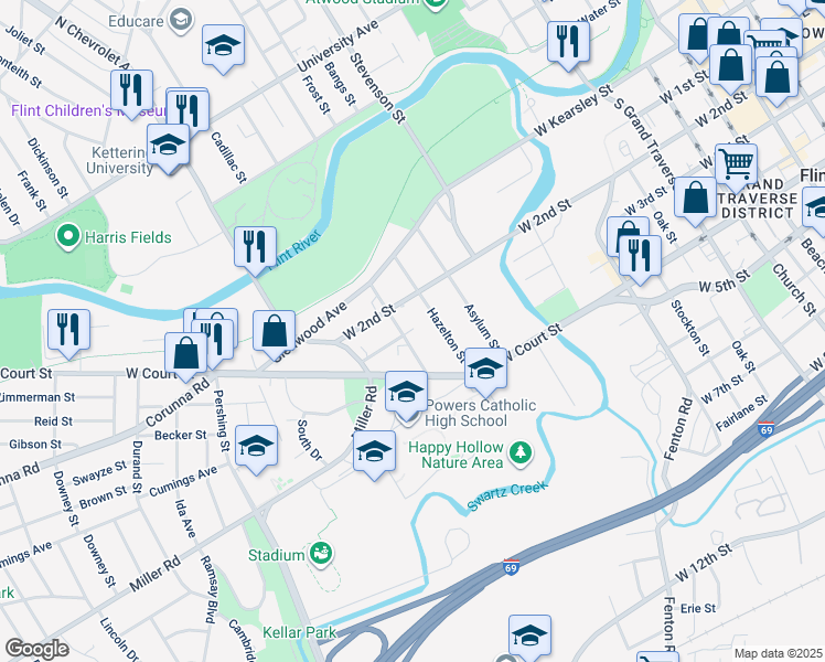 map of restaurants, bars, coffee shops, grocery stores, and more near 705 Thayer Street in Flint
