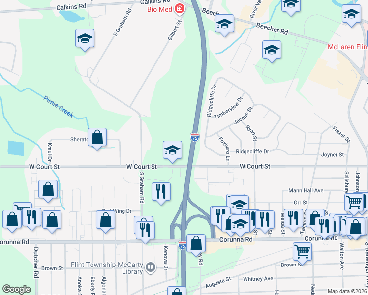 map of restaurants, bars, coffee shops, grocery stores, and more near G3428 West Court Street in Flint