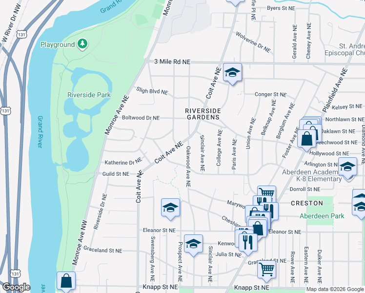 map of restaurants, bars, coffee shops, grocery stores, and more near 2465 Oakwood Avenue Northeast in Grand Rapids