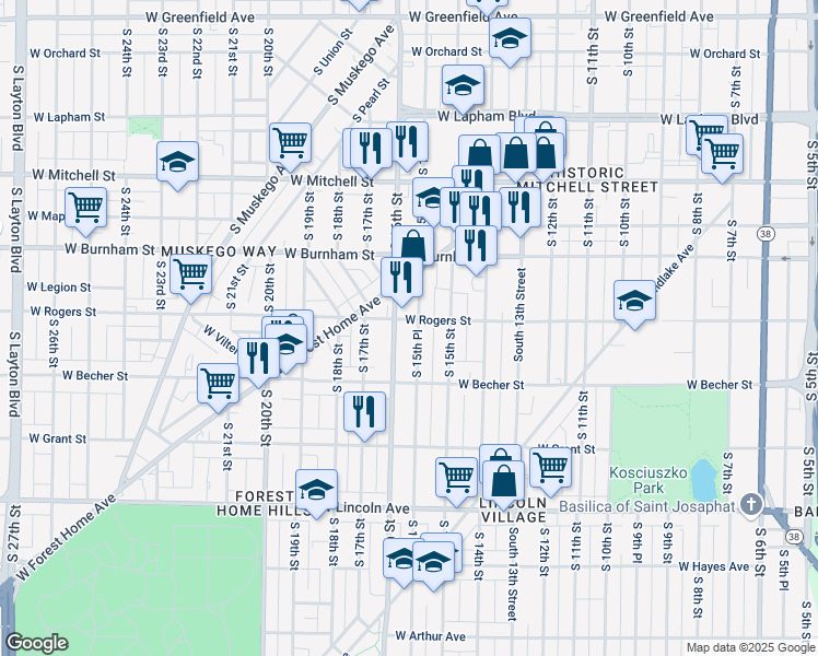 map of restaurants, bars, coffee shops, grocery stores, and more near 2012 South 16th Street in Milwaukee