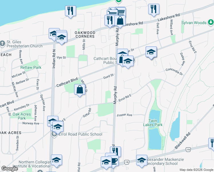 map of restaurants, bars, coffee shops, grocery stores, and more near 1491 Len Avenue in Sarnia