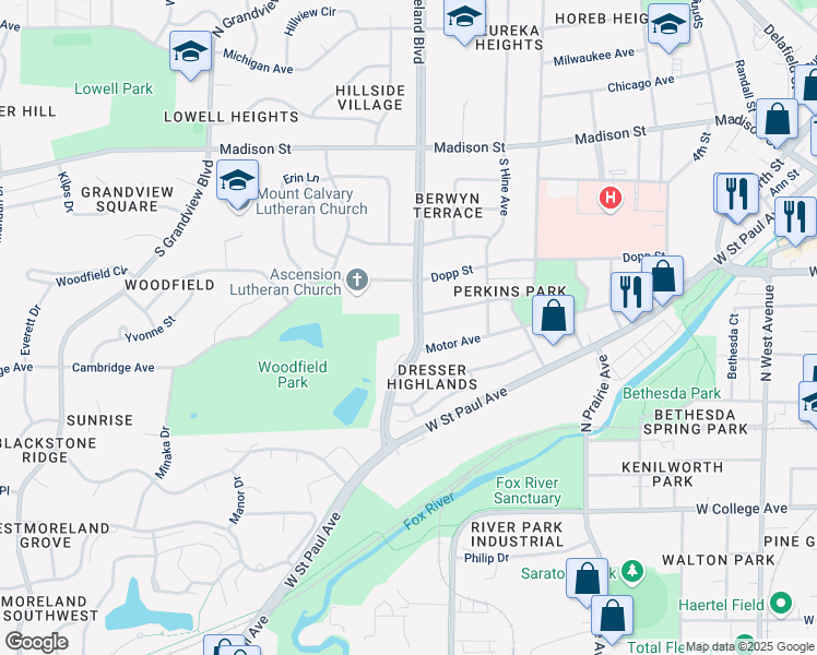 map of restaurants, bars, coffee shops, grocery stores, and more near 438 South Moreland Boulevard in Waukesha