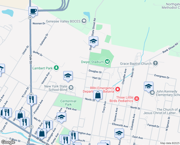 map of restaurants, bars, coffee shops, grocery stores, and more near 1 Douglas Street in Batavia