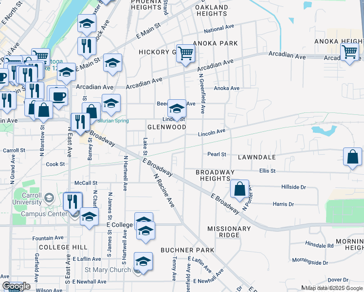 map of restaurants, bars, coffee shops, grocery stores, and more near 510 Oakland Avenue in Waukesha