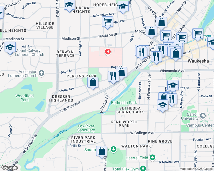 map of restaurants, bars, coffee shops, grocery stores, and more near 819 Motor Avenue in Waukesha