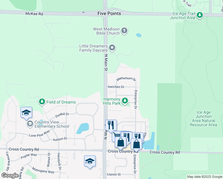 map of restaurants, bars, coffee shops, grocery stores, and more near 1290 Lucerne Drive in Verona