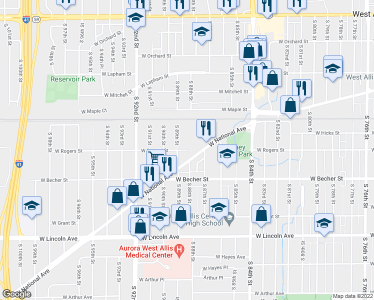 map of restaurants, bars, coffee shops, grocery stores, and more near 8809 W Rogers St in West Allis