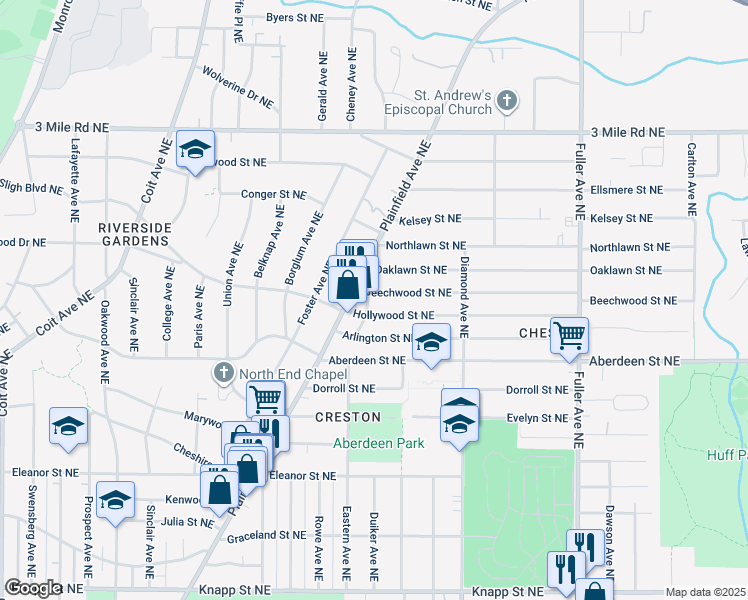 map of restaurants, bars, coffee shops, grocery stores, and more near 2458 Pasadena Drive Northeast in Grand Rapids