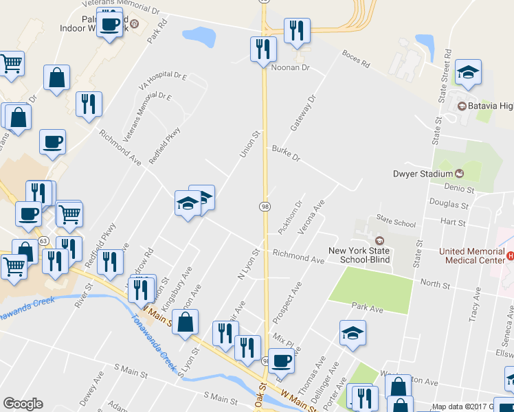 map of restaurants, bars, coffee shops, grocery stores, and more near 123 Oak Street in Batavia