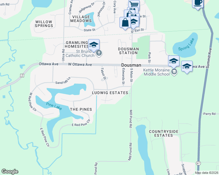 map of restaurants, bars, coffee shops, grocery stores, and more near 290 Tabot Street in Dousman