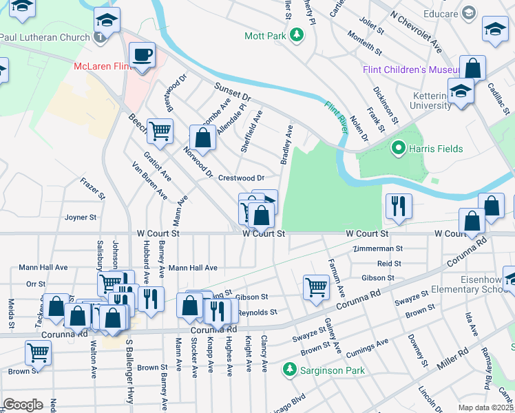 map of restaurants, bars, coffee shops, grocery stores, and more near 2722 Mansfield Avenue in Flint