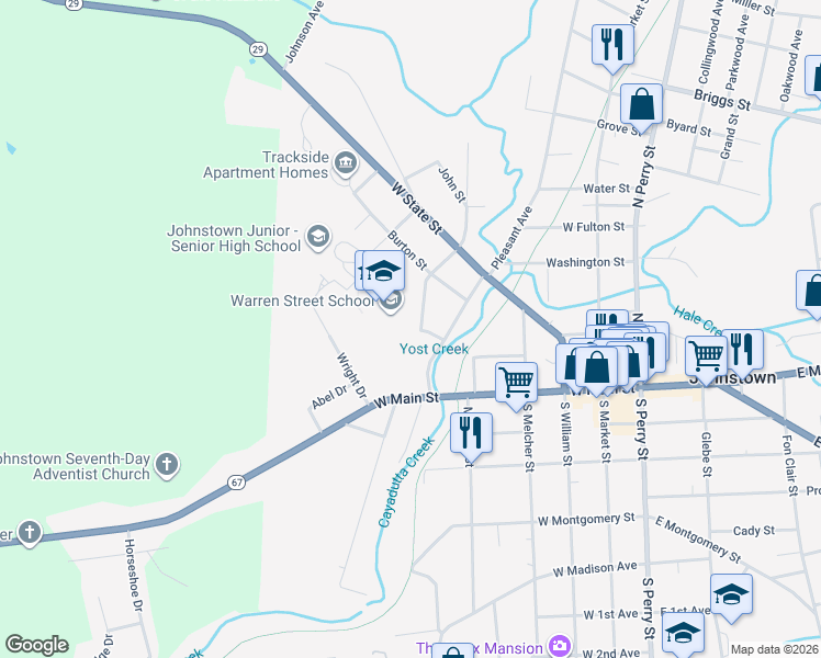map of restaurants, bars, coffee shops, grocery stores, and more near 110 Warren Street in Johnstown