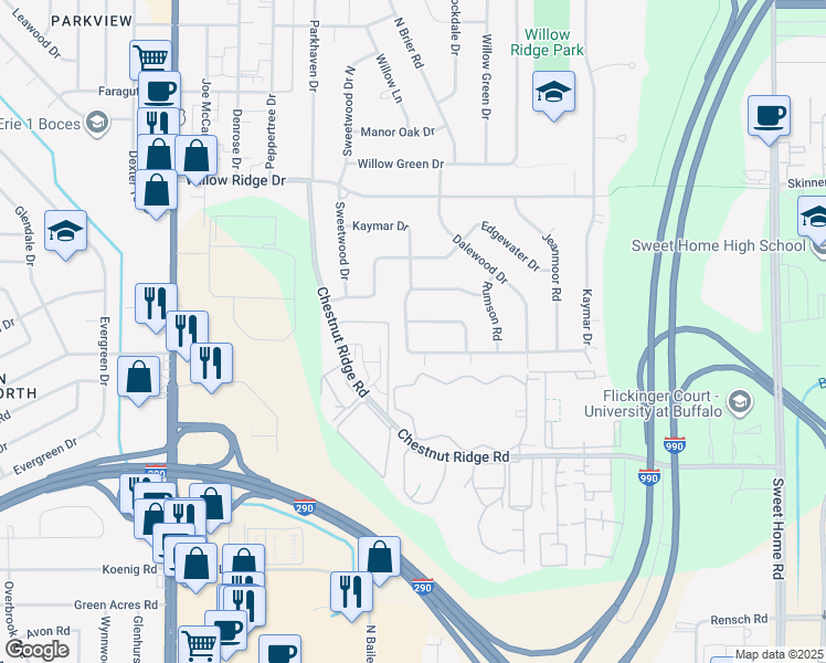 map of restaurants, bars, coffee shops, grocery stores, and more near 3 Beaumont Dr in Buffalo