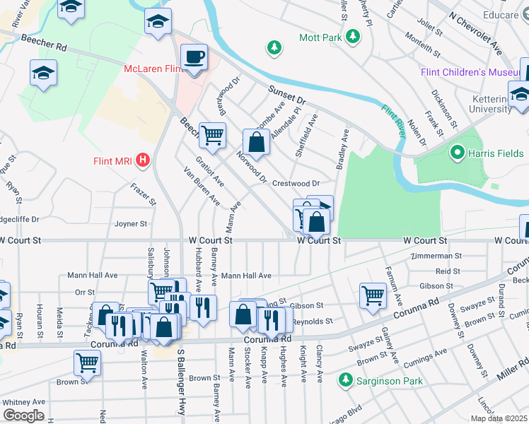 map of restaurants, bars, coffee shops, grocery stores, and more near 3125 Beecher Road in Flint