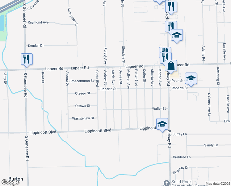 map of restaurants, bars, coffee shops, grocery stores, and more near 1387 Merle Avenue in Burton