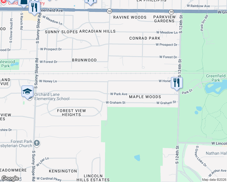 map of restaurants, bars, coffee shops, grocery stores, and more near 13110 W Park Ave in New Berlin