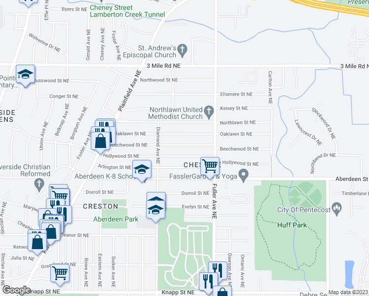 map of restaurants, bars, coffee shops, grocery stores, and more near 1052 Beechwood Street Northeast in Grand Rapids