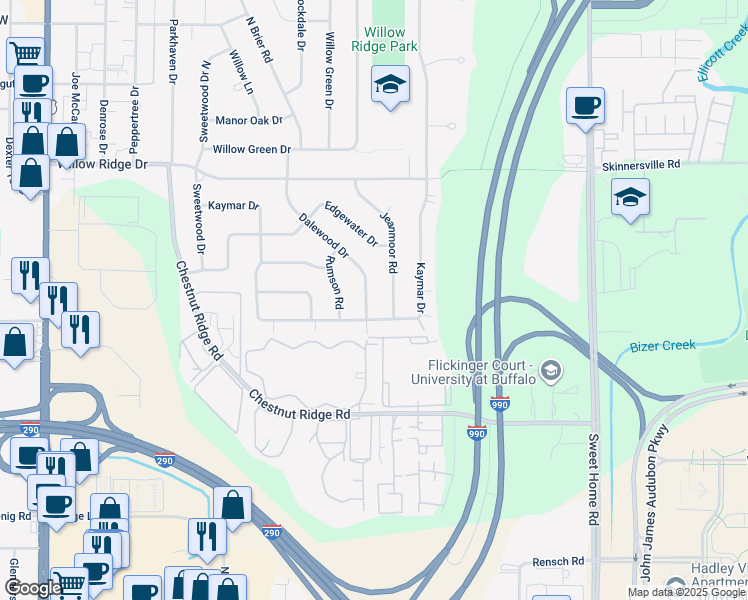 map of restaurants, bars, coffee shops, grocery stores, and more near 153 Dalewood Drive in Buffalo