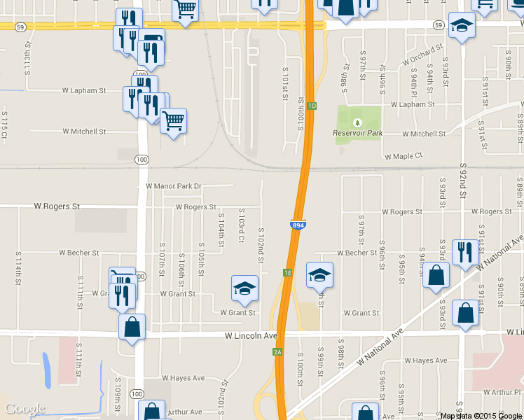 map of restaurants, bars, coffee shops, grocery stores, and more near 2014 South 102nd Street in West Allis