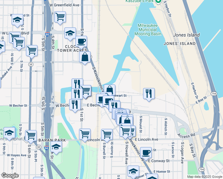 map of restaurants, bars, coffee shops, grocery stores, and more near 2006 South Kinnickinnic Avenue in Milwaukee