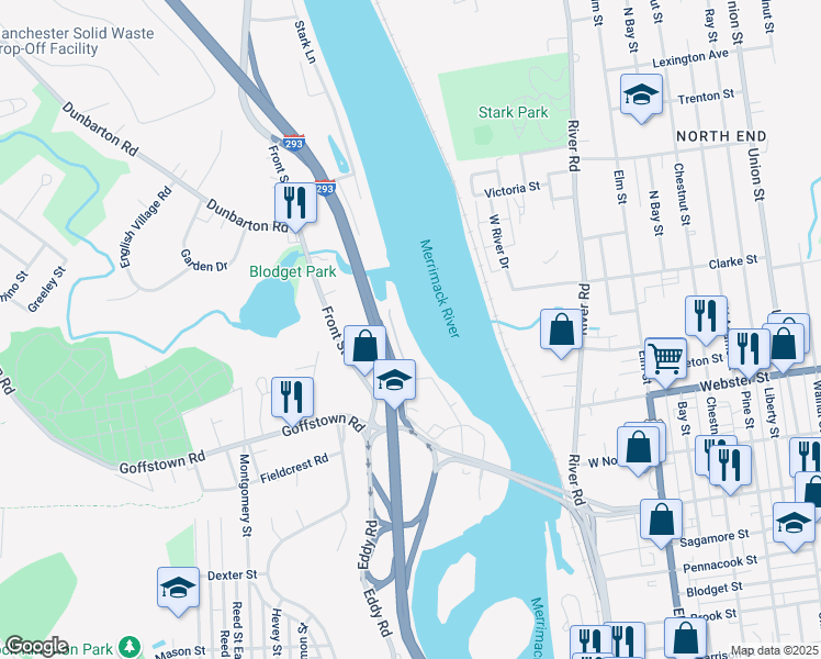 map of restaurants, bars, coffee shops, grocery stores, and more near 55 Riverfront Drive in Manchester