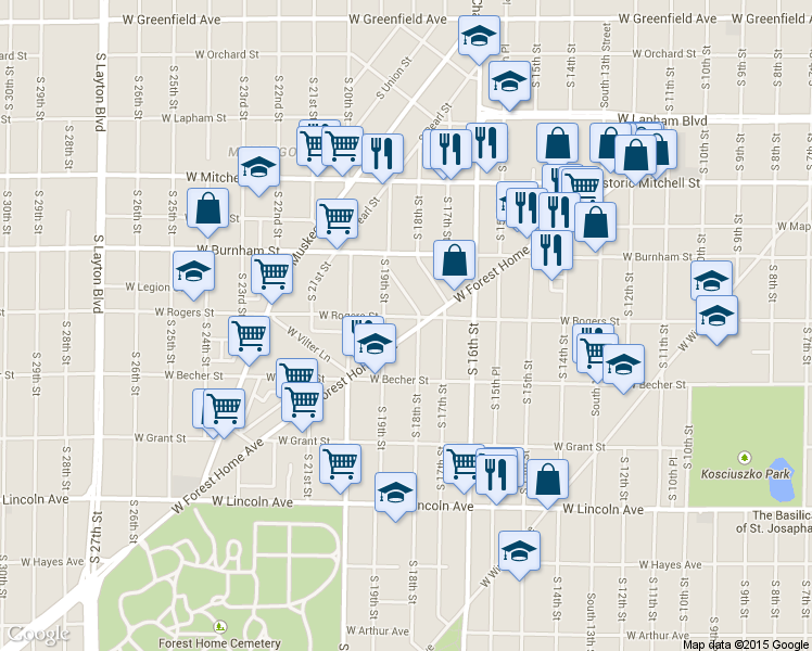 map of restaurants, bars, coffee shops, grocery stores, and more near 1802 West Forest Home Avenue in Milwaukee