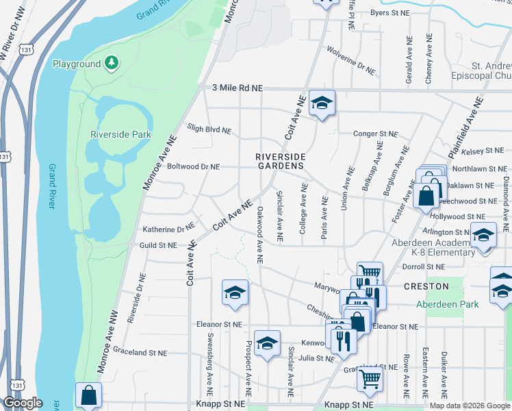 map of restaurants, bars, coffee shops, grocery stores, and more near 2465 Oakwood Avenue Northeast in Grand Rapids
