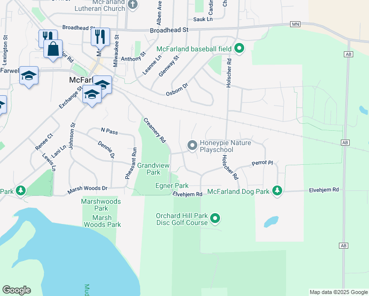 map of restaurants, bars, coffee shops, grocery stores, and more near 6209 Spring Pond Court in McFarland