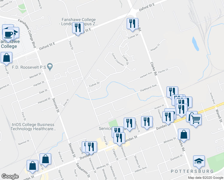 map of restaurants, bars, coffee shops, grocery stores, and more near 1788 Parkhurst Avenue in London