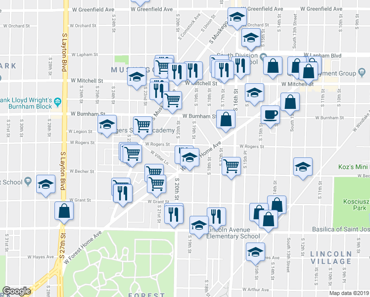 map of restaurants, bars, coffee shops, grocery stores, and more near 1923 West Rogers Street in Milwaukee
