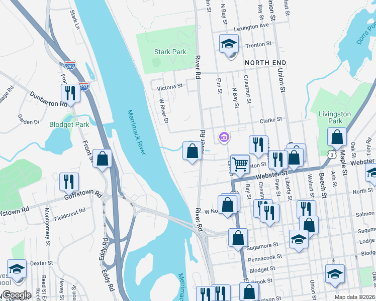 map of restaurants, bars, coffee shops, grocery stores, and more near 300 River Road in Manchester