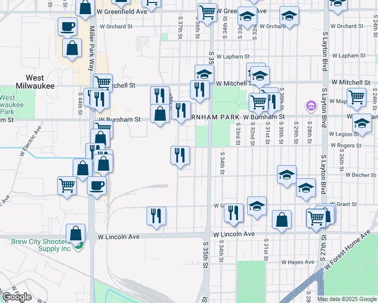map of restaurants, bars, coffee shops, grocery stores, and more near 2018 South 37th Street in Milwaukee