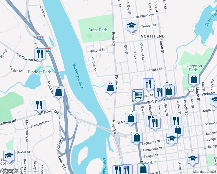 map of restaurants, bars, coffee shops, grocery stores, and more near 300 River Road in Manchester
