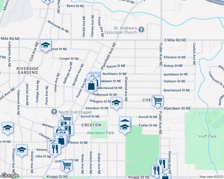 map of restaurants, bars, coffee shops, grocery stores, and more near 905 Hollywood Street Northeast in Grand Rapids