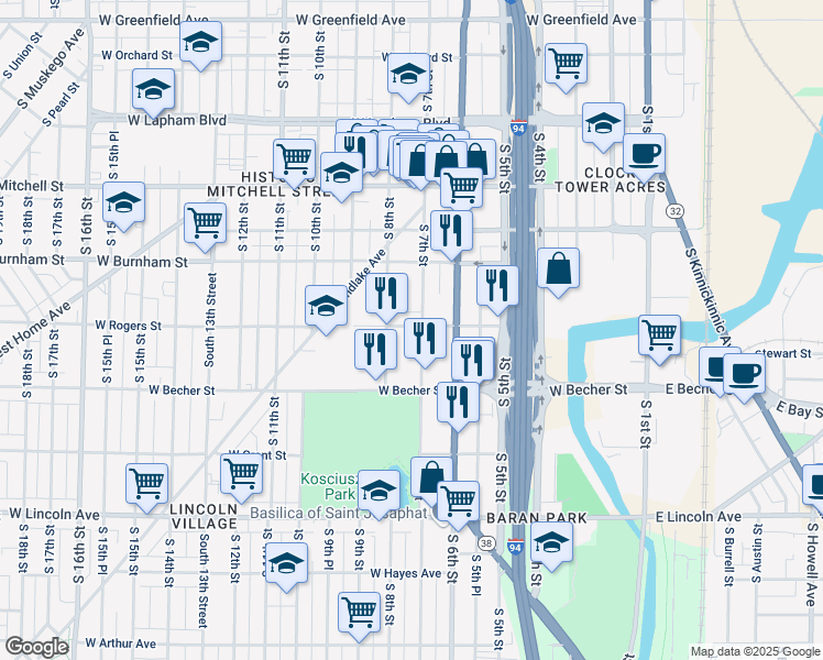 map of restaurants, bars, coffee shops, grocery stores, and more near 2010 South 8th Street in Milwaukee