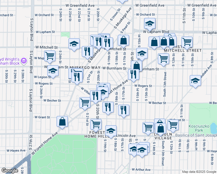 map of restaurants, bars, coffee shops, grocery stores, and more near 1802 West Forest Home Avenue in Milwaukee