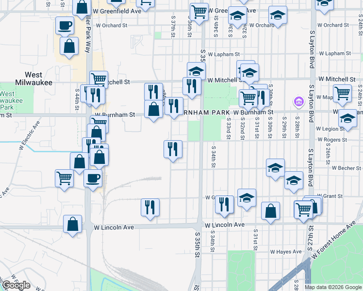 map of restaurants, bars, coffee shops, grocery stores, and more near 2018 South 37th Street in Milwaukee