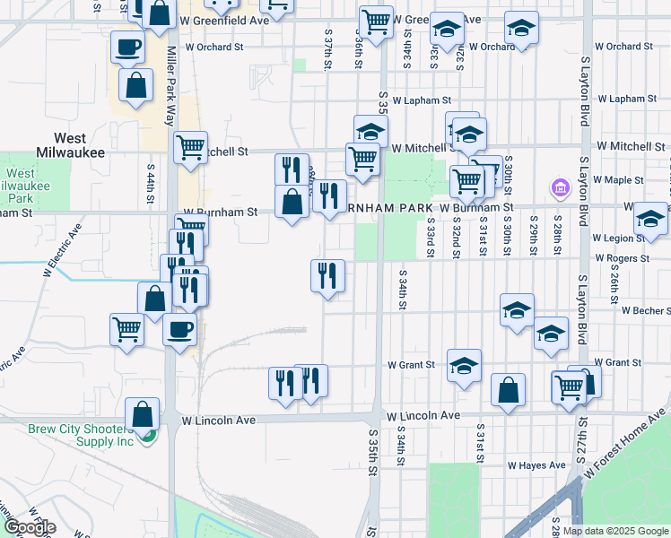 map of restaurants, bars, coffee shops, grocery stores, and more near 2018 South 37th Street in Milwaukee
