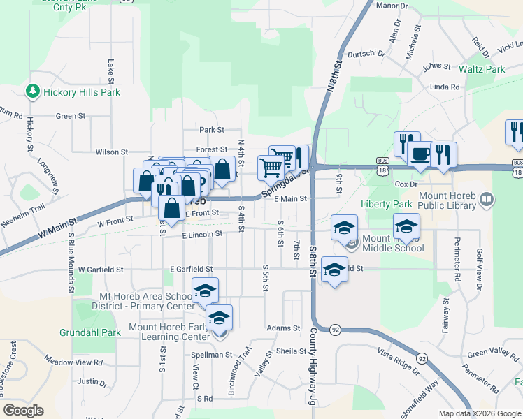 map of restaurants, bars, coffee shops, grocery stores, and more near 105 South 5th Street in Mount Horeb