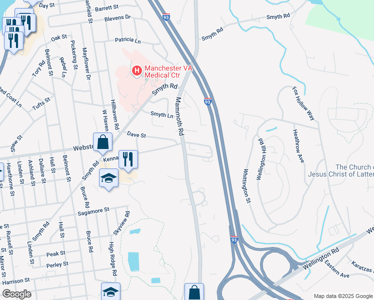 map of restaurants, bars, coffee shops, grocery stores, and more near 1029 Mammoth Road in Manchester