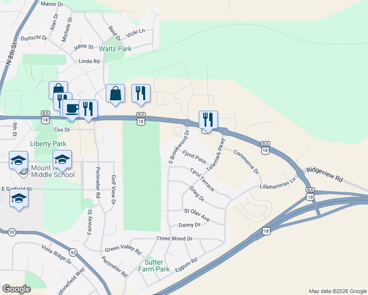 map of restaurants, bars, coffee shops, grocery stores, and more near 1800 Fjord Pass in Mount Horeb