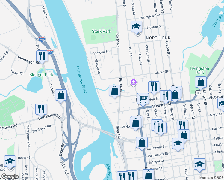 map of restaurants, bars, coffee shops, grocery stores, and more near 300 River Road in Manchester
