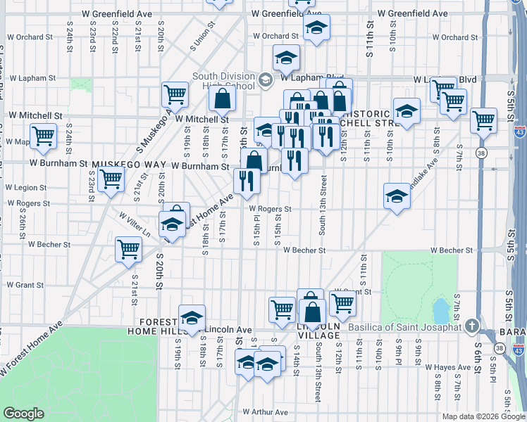 map of restaurants, bars, coffee shops, grocery stores, and more near 2009 South 15th Street in Milwaukee