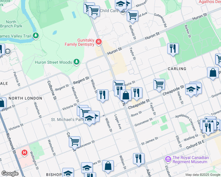 map of restaurants, bars, coffee shops, grocery stores, and more near 584 Victoria Street in London