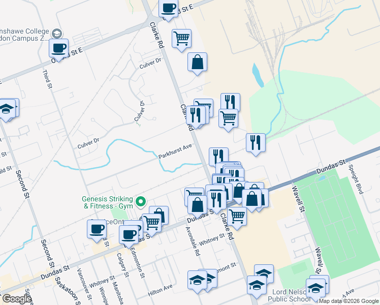 map of restaurants, bars, coffee shops, grocery stores, and more near 1893 Parkhurst Avenue in London