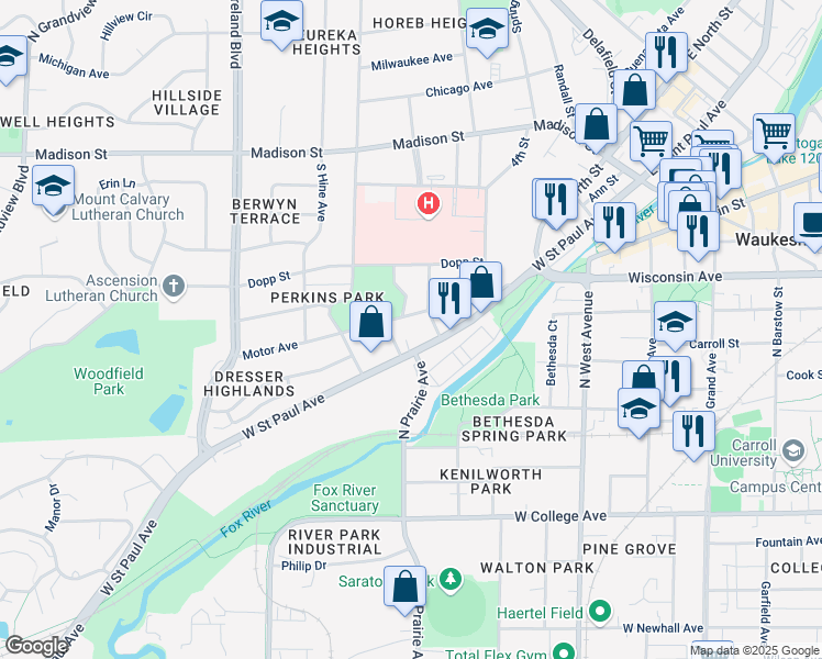 map of restaurants, bars, coffee shops, grocery stores, and more near 819 Motor Avenue in Waukesha