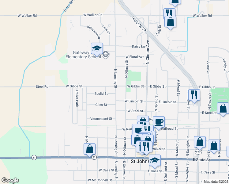 map of restaurants, bars, coffee shops, grocery stores, and more near 708 North Lansing Street in Saint Johns