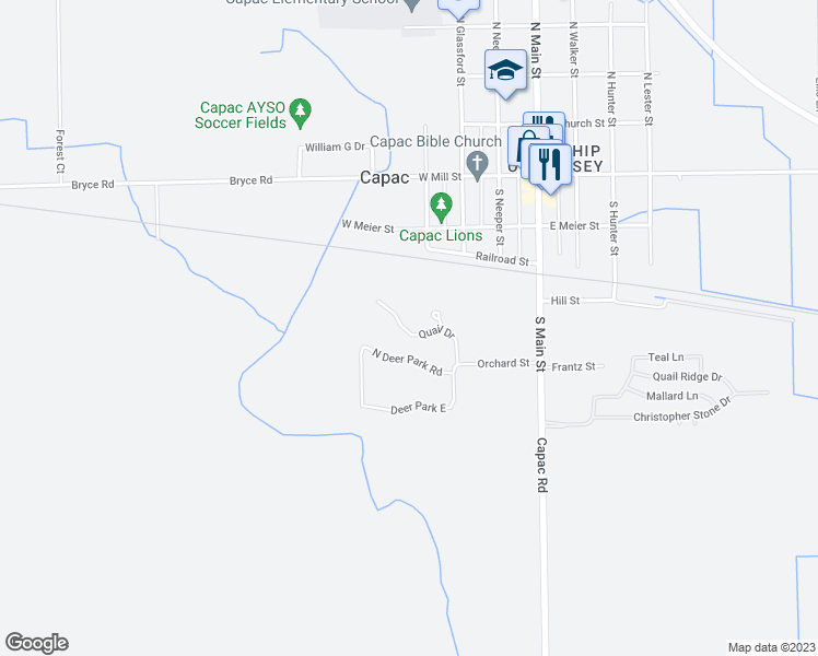 map of restaurants, bars, coffee shops, grocery stores, and more near 263 Quail Ridge Drive in Capac