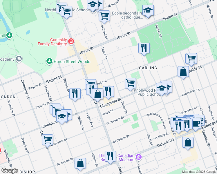 map of restaurants, bars, coffee shops, grocery stores, and more near 406-650 Cheapside Street in London