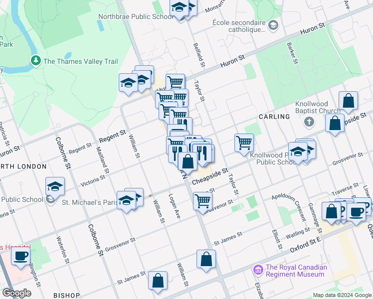 map of restaurants, bars, coffee shops, grocery stores, and more near 639 Victoria Street in London